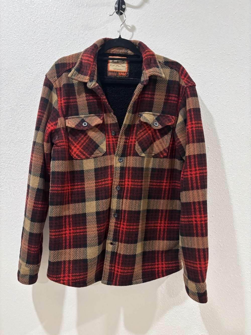 Hawke & Co Plaid Sherpa Lined Flannel Jacket Mens Med Black Red Tan Heavy Warm